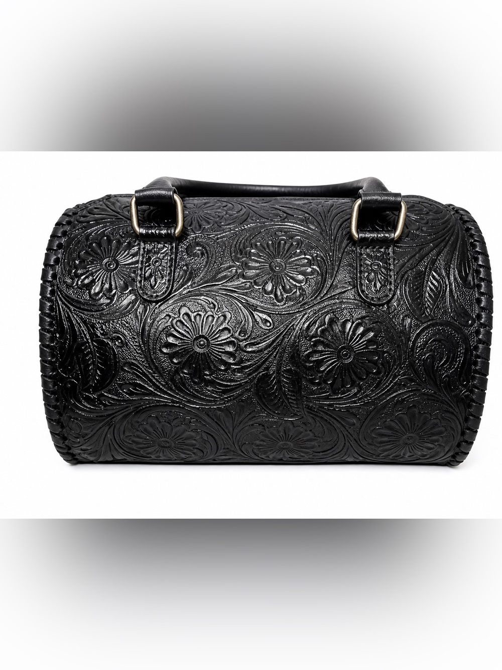 Hand Tooled Leather Speedy Bag Black Floral Western Satchel Large - Picture 6 of 6